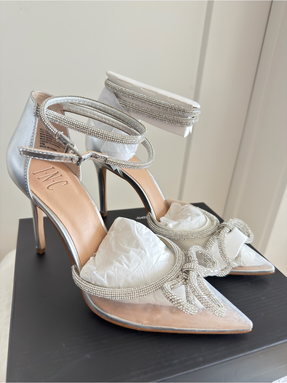 INC International Concepts Silver Rhinestone Ankle-Strap Stiletto Heels
